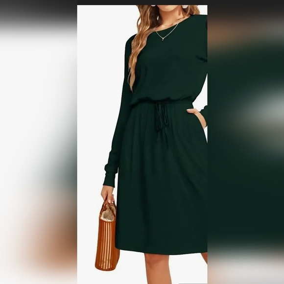Simier Fariry Forest Green Crewneck Long Sleeve Drawstring Waist Dress Sz: Large - Picture 9 of 9